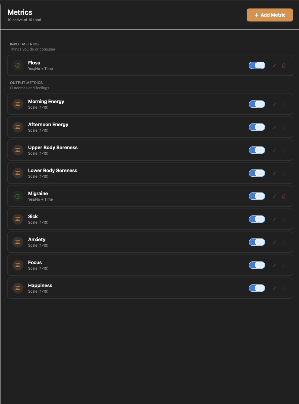 Custom metrics configuration showing input and output metrics